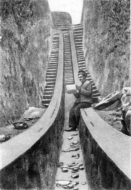 The drawing was created after 1908, likely shortly after the discovery of the ruins. This photograph was taken during the first archaeological excavations led by archaeologist V. L. Vyatkin, who discovered the remains of the observatory. It was published, among other things, in the "Postcards of Turkestan" series by Znanie. Photographer: Polyakova. 1908. The photograph shows a section of the instrument's arc, approximately 40 meters in radius, preserved in a trench. The man sitting at the edge of the arc, studying the notes, is most likely Vasily Lavrentyevich Vyatkin, the excavation director himself.