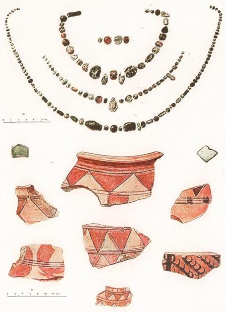 Painted ceramics and beads from the ancient and Afrigid monuments of Khorezm. Janbas kala, Teshik kala, Toprak kala, Ayaz kala, etc. 1940.