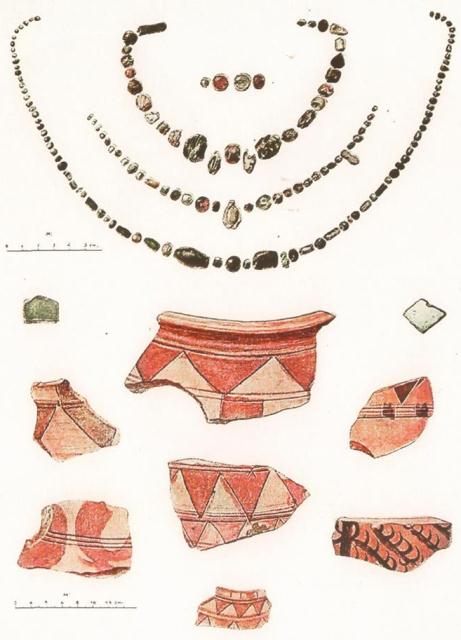 Расписная керамика и бусы из античных и афригидских памятников Хорезма. Джанбас кала, Тешик кала, Топрак кала, Аяз кала и др. 1940 год.
