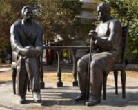 Monument to the writers M. Gorky and S. Aini in Dushanbe, 2015.