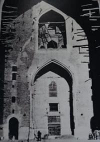 Entrance and central portal of Akhmed Yasawi Mosque in Turkestan.