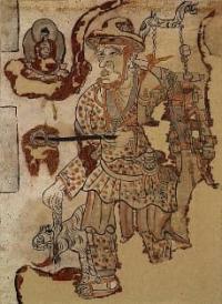 A supposed depiction of Suan-Szyan. Thangka from Cave 17, Dunhuang. Northern Song. 11th century. Musée Guimet, Paris. Images of a wandering monk with a tiger and a sack full of sacred texts slung over his shoulder were objects of veneration alongside images of Buddha. Some scholars believe these images depict the monk Baosheng, who in later times came to be regarded as the patron deity of pilgrims. Suan-Szyan returns from India. Painting in Cave 103 of Qianfodong Monastery in Dunhuang. High Tang period (712-765). Xuanzang returns through the Pamir Mountains with a white elephant given to him by an Indian king. When bandits attacked the caravan, the elephant, fleeing, ran to the river and drowned.