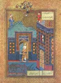 A Persian miniature illustrating a scene related to the arts of painting and poetry. The painting is attributed to the Persian artist Mir Musavvir, active in the XVIth century.