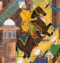 Миниатюра XVI века из книги «Бабур-Наме», запечатлевшая Бабура, основателя Империи Великих Моголов на чагатайском языке. Захир-ад-дин Мухаммад Бабур, среднеазиатский полководец, поэт и государственный деятель. Изображение хранится в Государственном музее Востока в Москве.