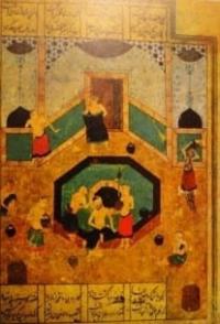 A medieval Persian miniature depicting a scene in a hammam (an oriental bathhouse).