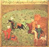 A Persian miniature depicting a hunting scene or a military campaign. A Persian miniature is a detailed, small painting on paper, often used to illustrate manuscripts. Characterized by vibrant colors, a lack of shadows, and high detail, typical of Iranian and Central Asian art from the 13th to 16th centuries. The miniature depicts horsemen, a feature often found in scenes from classical literature or historical chronicles.