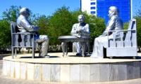 Monument - to three writers Kyzylorda of area Zeinulla Shakurov, Kalrai Mukhamedzhanov and Abdilda Tazhibaev,