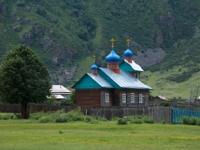 Small church on the Teletskoe Lake. Russian Altai.