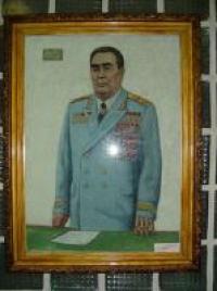 In museum of the cosmodrome. Brezhnev portrait from grain of rice.