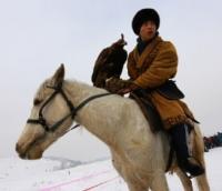 Demonstration hunting with golden eagle in Kazakhstan.