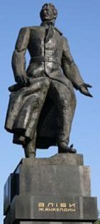 Monument to Alibi Zhangeldin at the station square of the railway station Almaty-1..