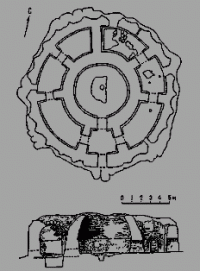 Burial structure of Balandy II (Kyzylorda region). IV - II centuries BC. Above is the plan. Below is a section of the mausoleum.